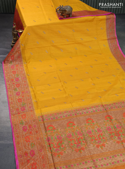 Banarasi dupion silk saree mustard yellow and pink with zari woven buttas and floral design paithani style border