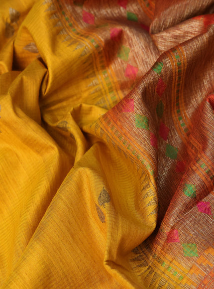 Banarasi dupion silk saree mustard yellow and pink with zari woven buttas and floral design paithani style border