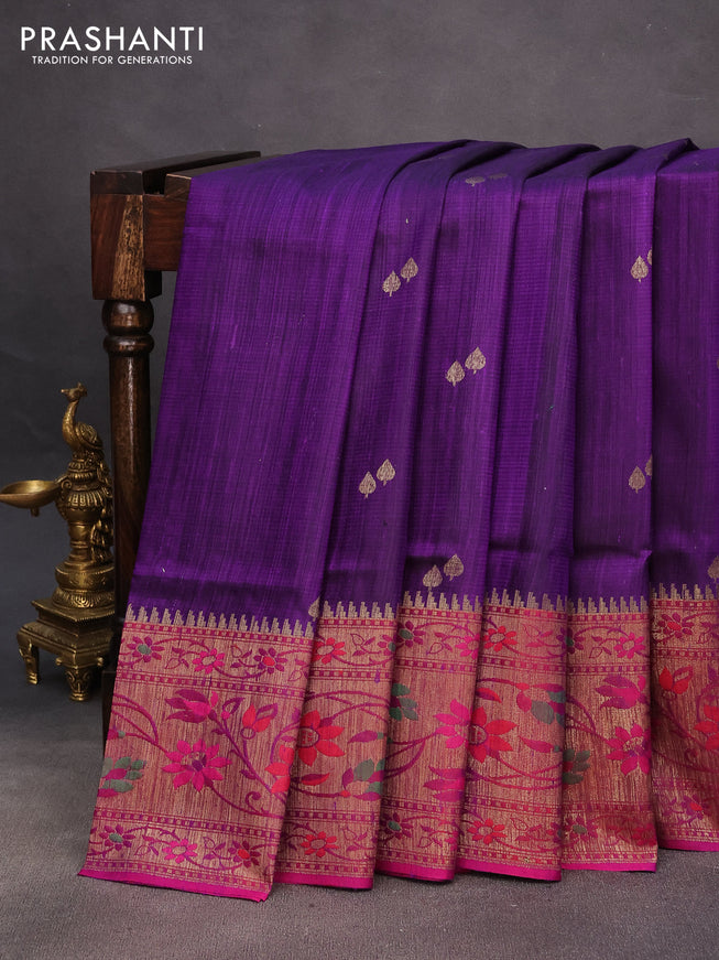 Banarasi dupion silk saree violet and magenta pink with zari woven buttas and floral design paithani style border