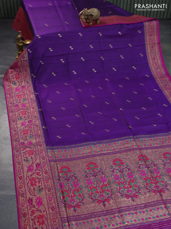 Banarasi dupion silk saree violet and magenta pink with zari woven buttas and floral design paithani style border