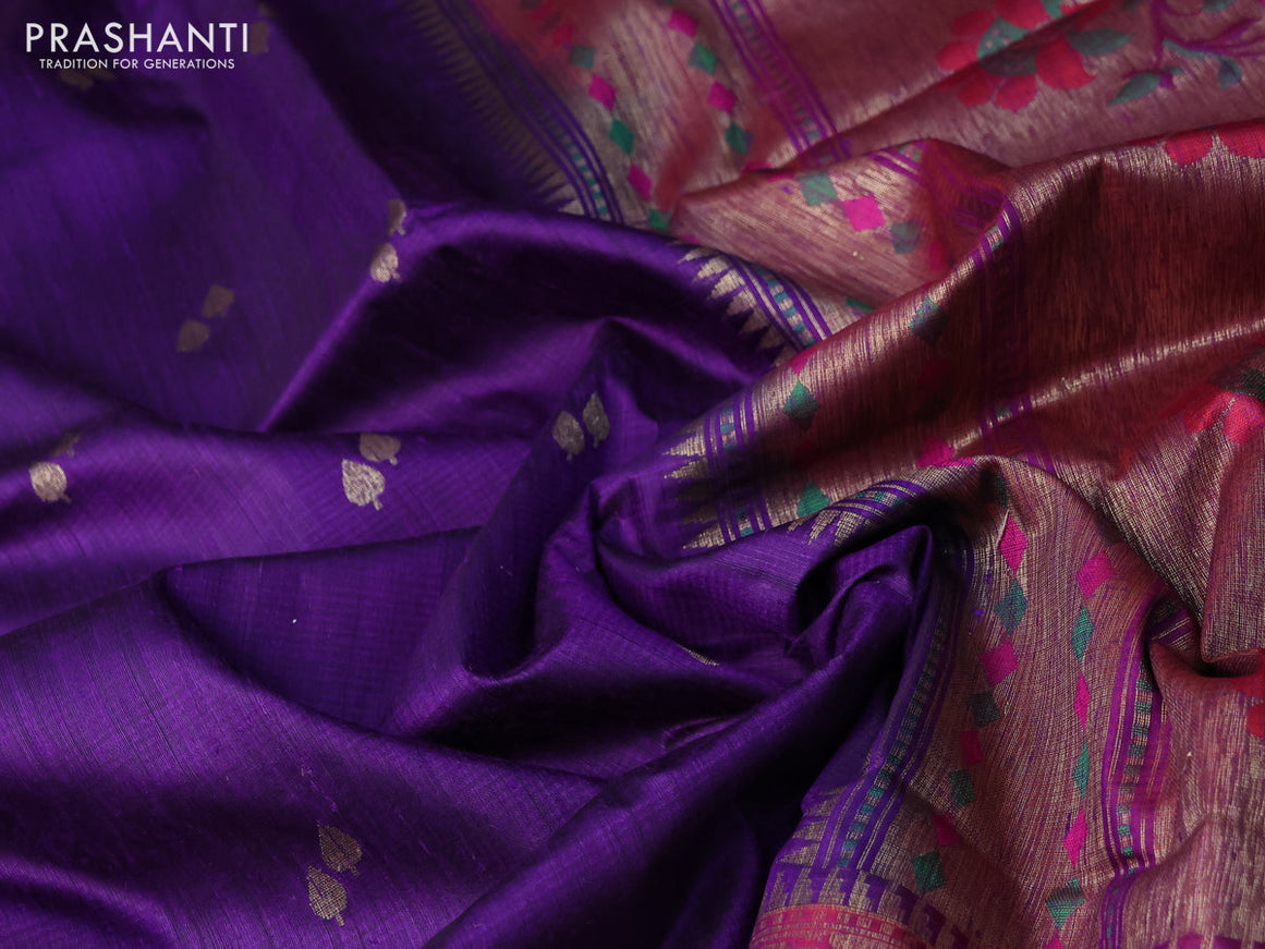 Banarasi dupion silk saree violet and magenta pink with zari woven buttas and floral design paithani style border