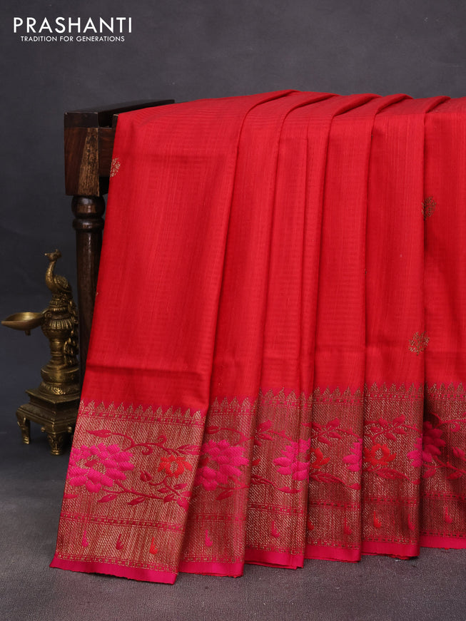 Banarasi dupion silk saree red and pink with zari woven buttas and floral design paithani style border