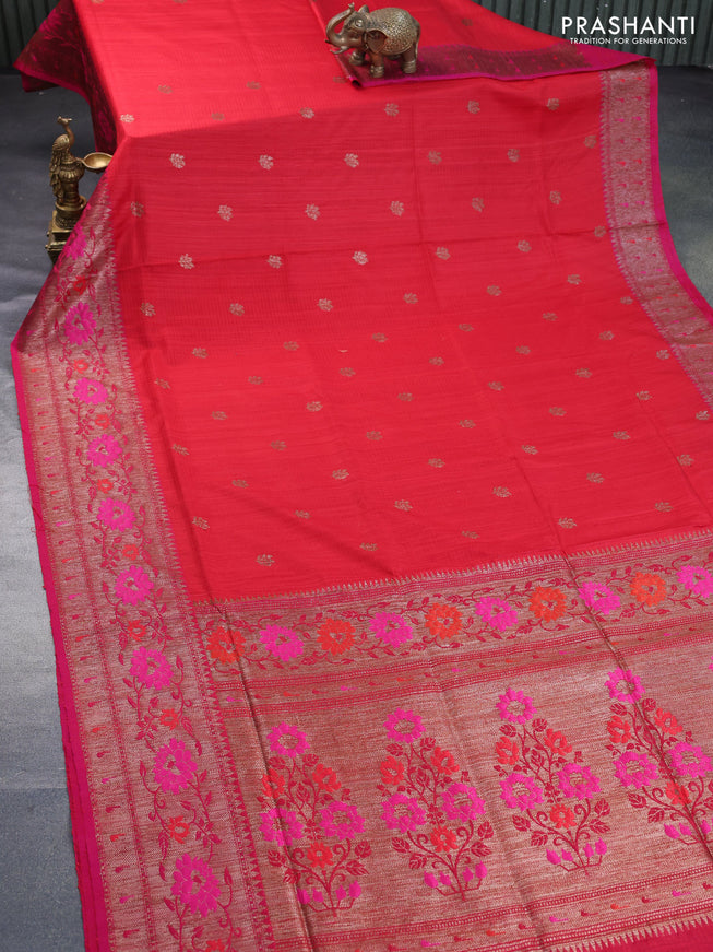 Banarasi dupion silk saree red and pink with zari woven buttas and floral design paithani style border