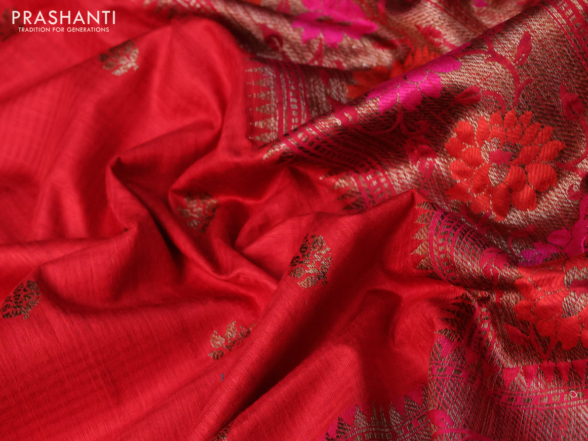 Banarasi dupion silk saree red and pink with zari woven buttas and floral design paithani style border