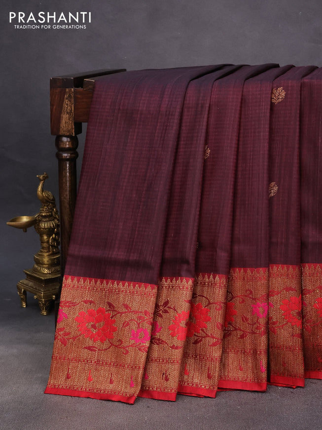 Banarasi dupion silk saree brown and red with zari woven buttas and floral design paithani style border