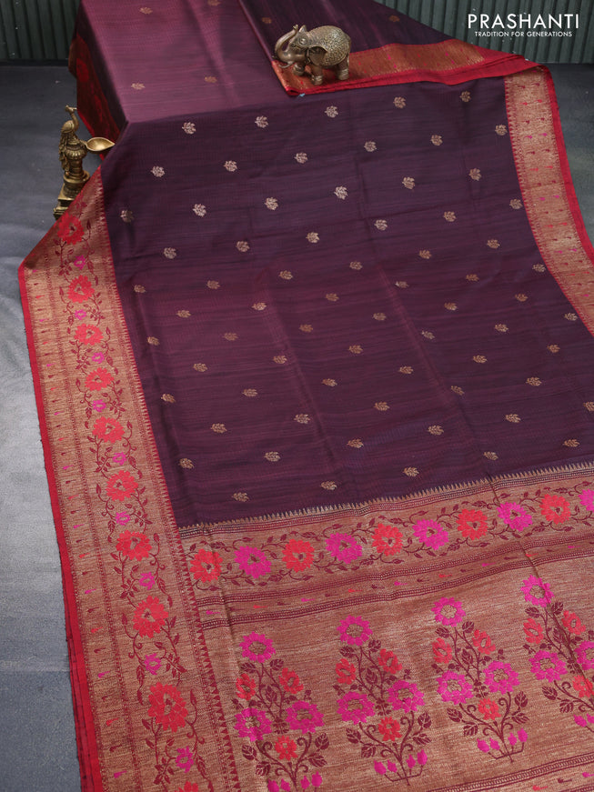 Banarasi dupion silk saree brown and red with zari woven buttas and floral design paithani style border