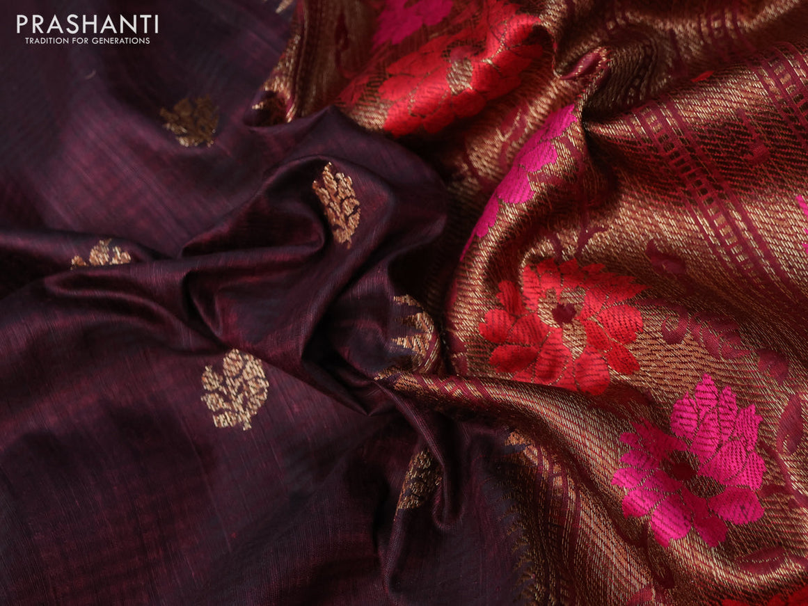 Banarasi dupion silk saree brown and red with zari woven buttas and floral design paithani style border