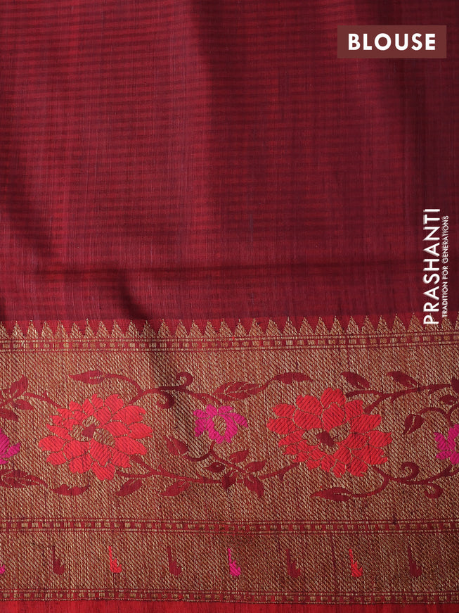 Banarasi dupion silk saree brown and red with zari woven buttas and floral design paithani style border