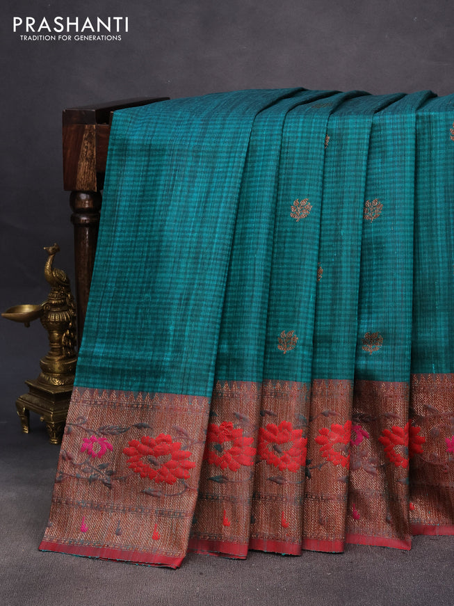 Banarasi dupion silk saree teal green and red with zari woven buttas and floral design paithani style border