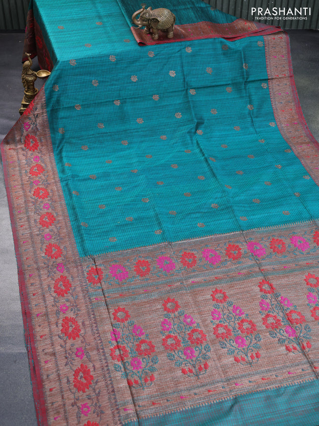 Banarasi dupion silk saree teal green and red with zari woven buttas and floral design paithani style border