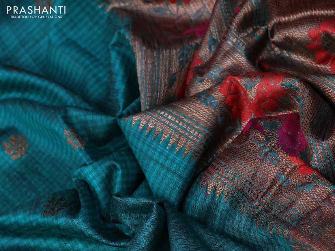 Banarasi dupion silk saree teal green and red with zari woven buttas and floral design paithani style border