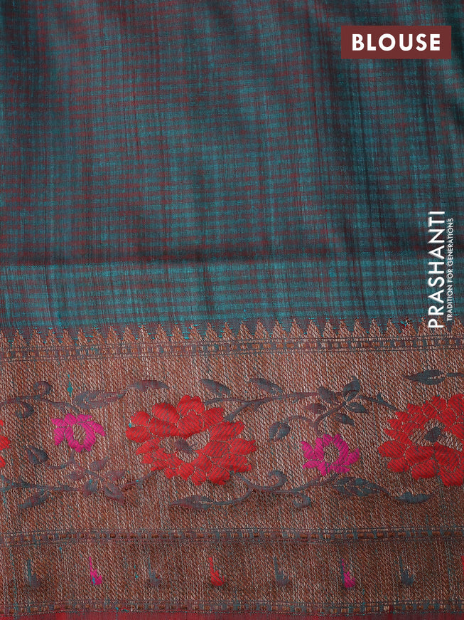 Banarasi dupion silk saree teal green and red with zari woven buttas and floral design paithani style border