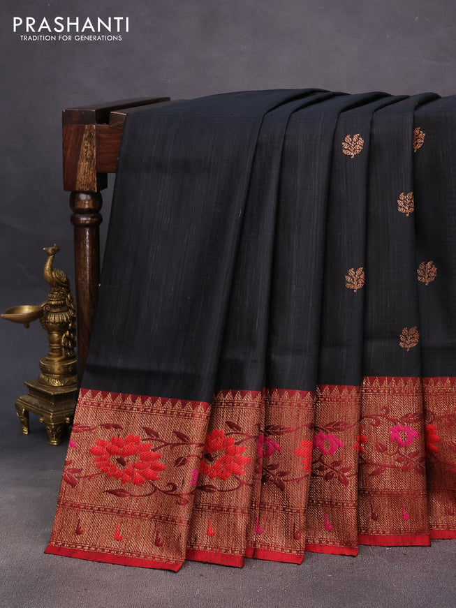 Banarasi dupion silk saree black and red with zari woven buttas and floral design paithani style border