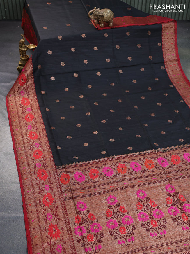 Banarasi dupion silk saree black and red with zari woven buttas and floral design paithani style border