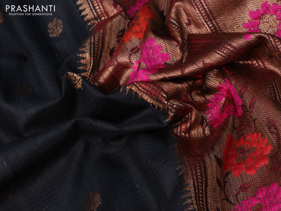 Banarasi dupion silk saree black and red with zari woven buttas and floral design paithani style border