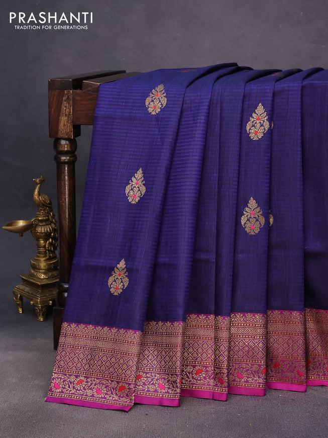 Banarasi dupion silk saree blue and magenta pink with thread & zari woven buttas and woven border