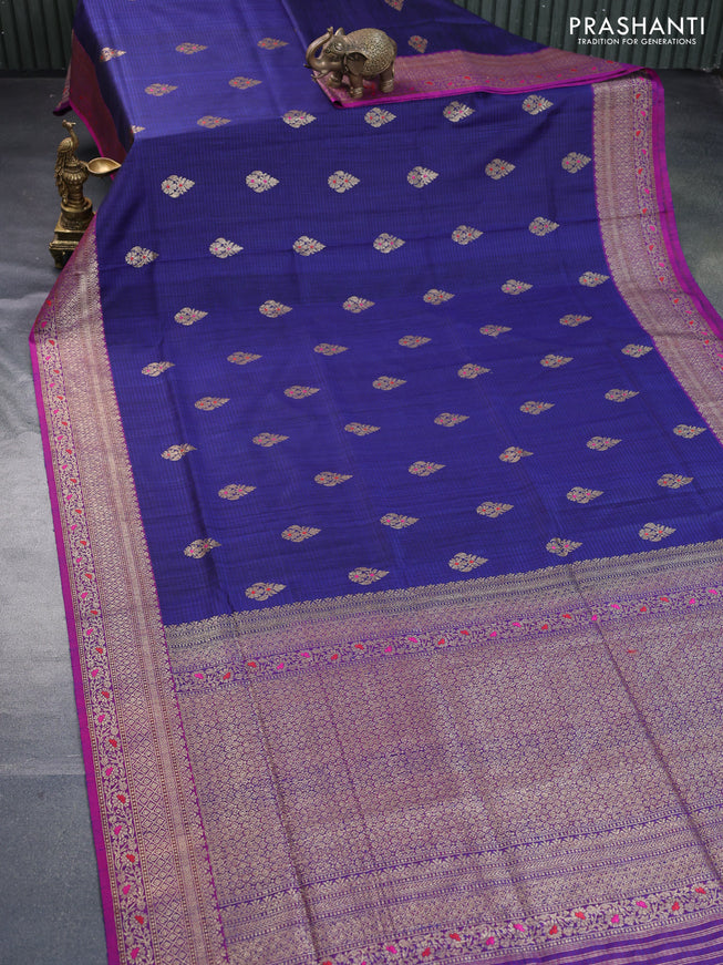 Banarasi dupion silk saree blue and magenta pink with thread & zari woven buttas and woven border