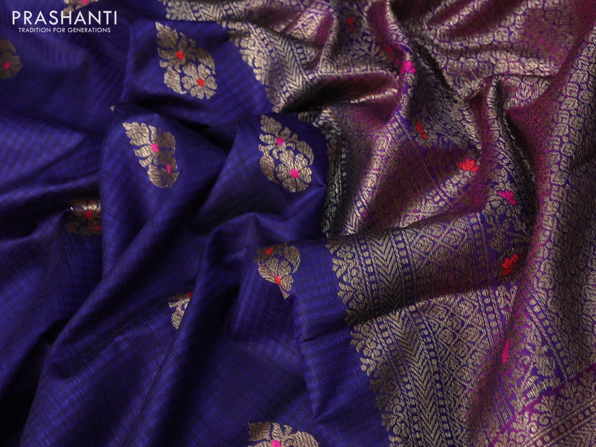 Banarasi dupion silk saree blue and magenta pink with thread & zari woven buttas and woven border