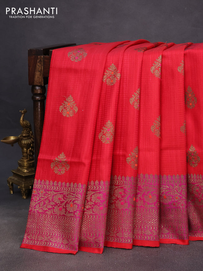 Banarasi dupion silk saree red and magenta pink with thread & zari woven buttas and woven border