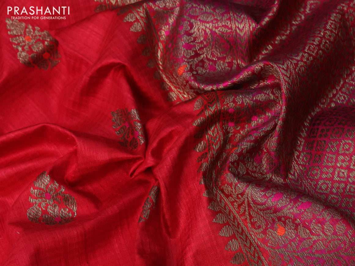 Banarasi dupion silk saree red and magenta pink with thread & zari woven buttas and woven border