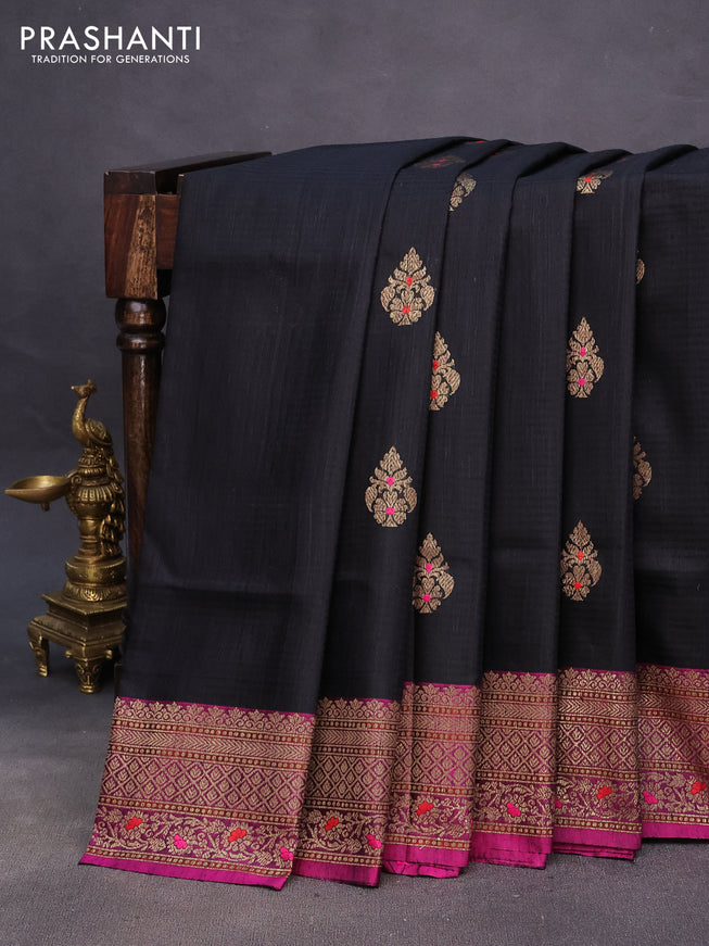 Banarasi dupion silk saree black and magenta pink with thread & zari woven buttas and woven border