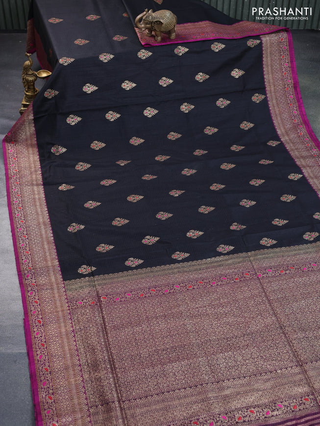 Banarasi dupion silk saree black and magenta pink with thread & zari woven buttas and woven border