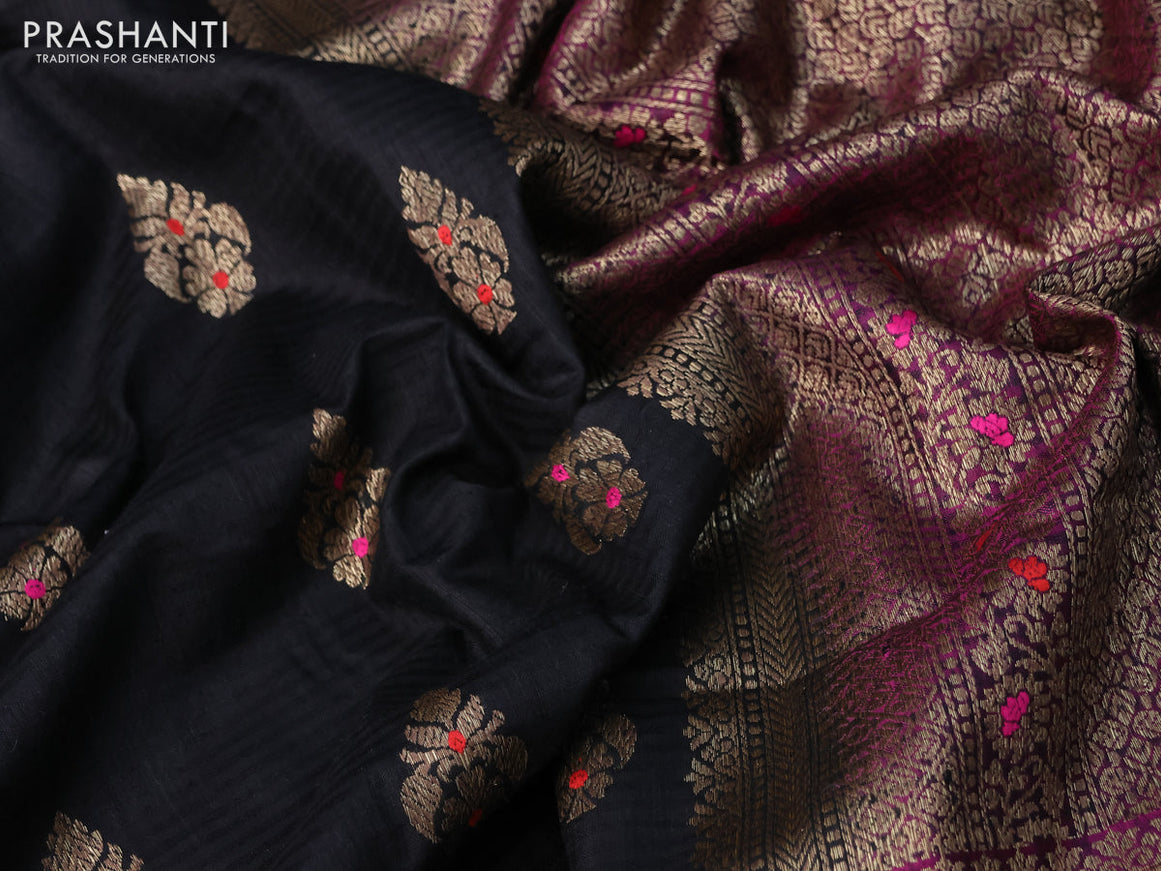 Banarasi dupion silk saree black and magenta pink with thread & zari woven buttas and woven border