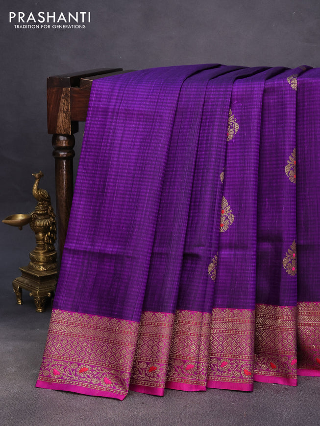 Banarasi dupion silk saree violet and magenta pink with thread & zari woven buttas and woven border