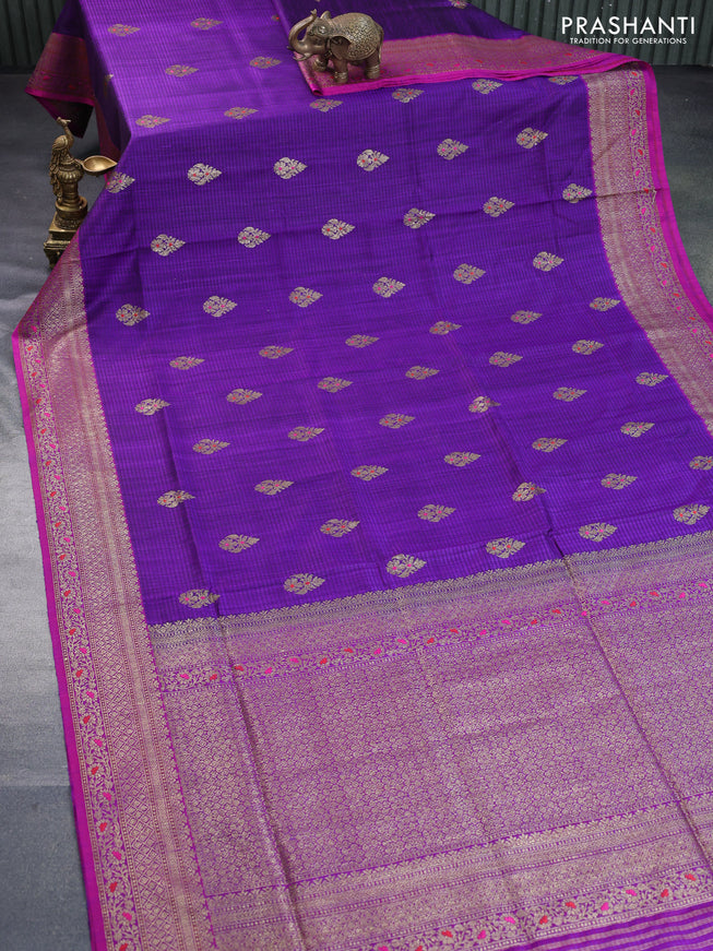 Banarasi dupion silk saree violet and magenta pink with thread & zari woven buttas and woven border