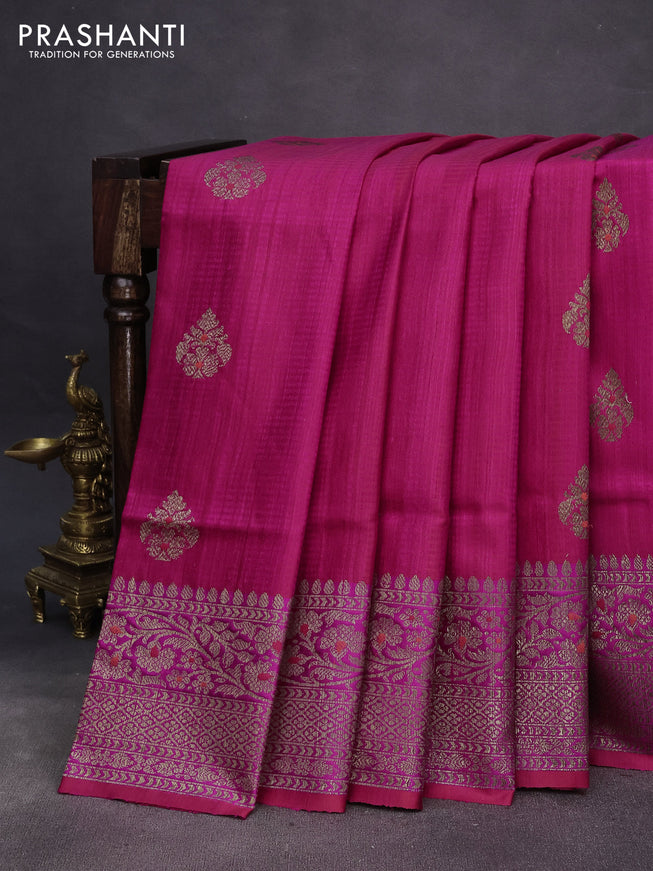 Banarasi dupion silk saree pink and magenta pink with thread & zari woven buttas and woven border