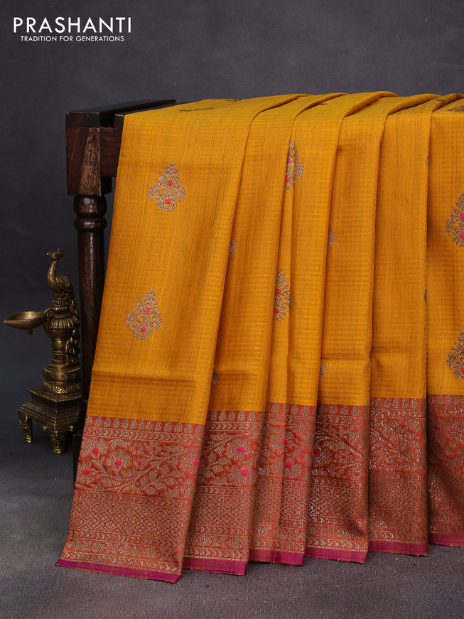 Banarasi dupion silk saree mustard yellow and pink with thread & zari woven buttas and woven border