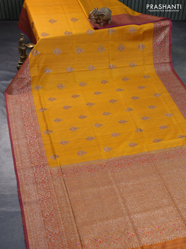 Banarasi dupion silk saree mustard yellow and pink with thread & zari woven buttas and woven border