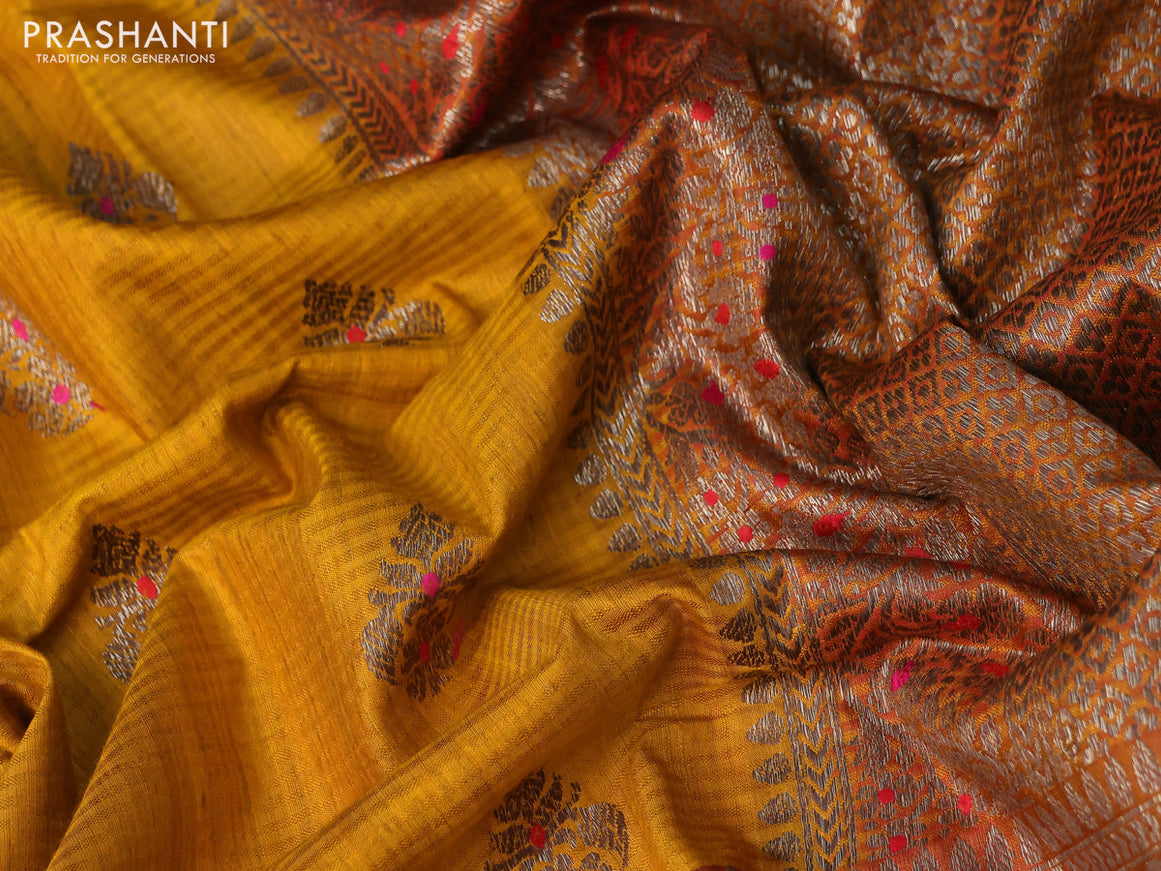 Banarasi dupion silk saree mustard yellow and pink with thread & zari woven buttas and woven border