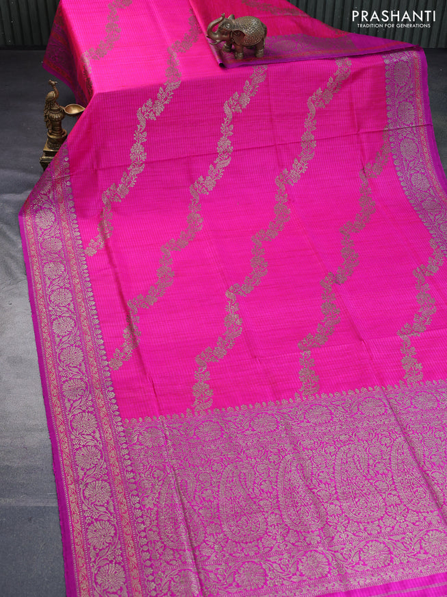 Banarasi dupion silk saree candy pink and magenta pink with thread & zari woven floral borcade weaves and woven border