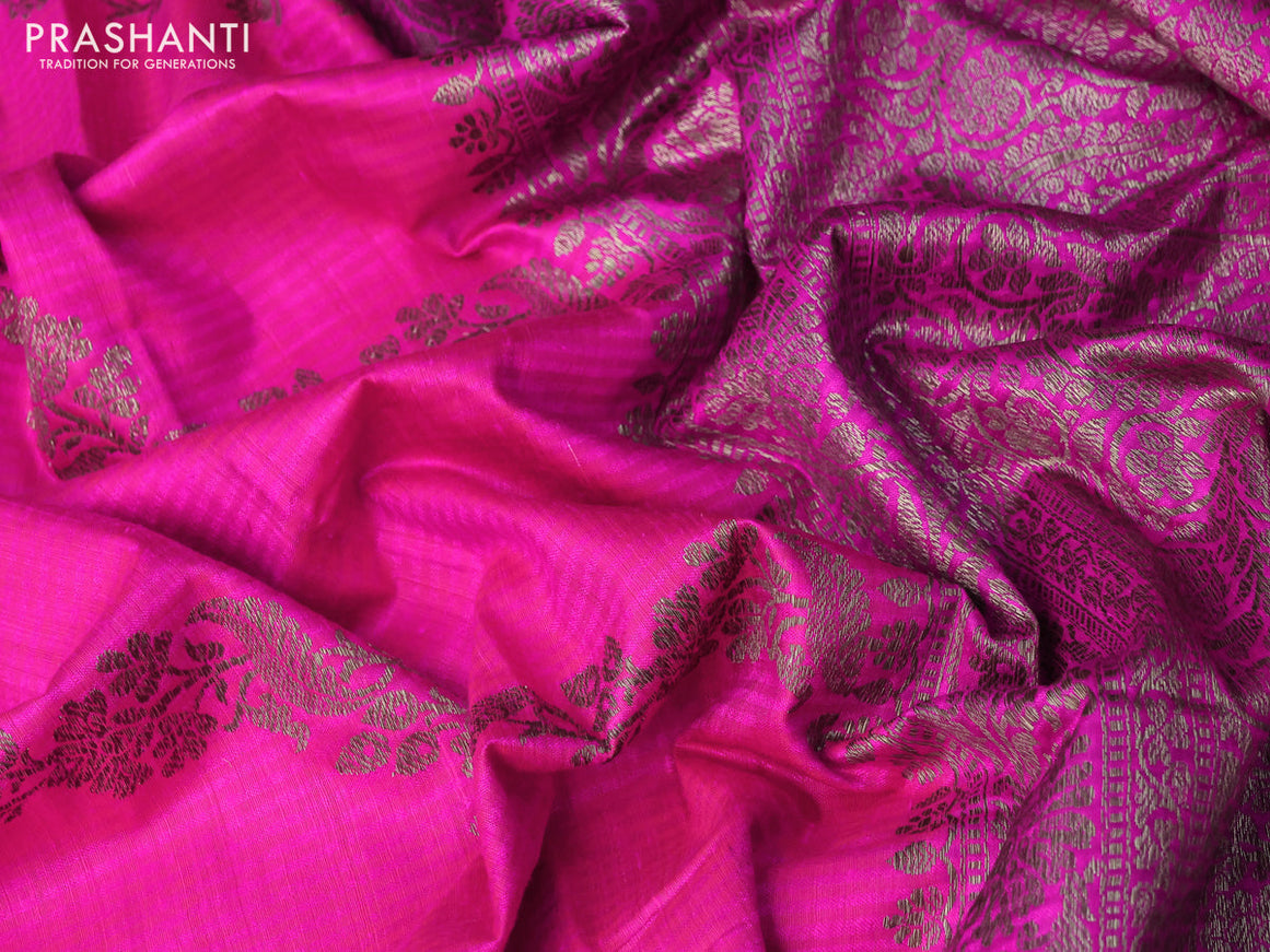 Banarasi dupion silk saree candy pink and magenta pink with thread & zari woven floral borcade weaves and woven border