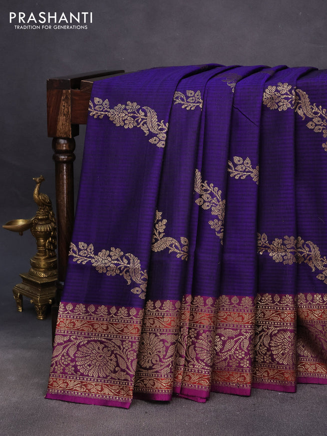 Banarasi dupion silk saree blue and magenta pink with thread & zari woven floral borcade weaves and woven border