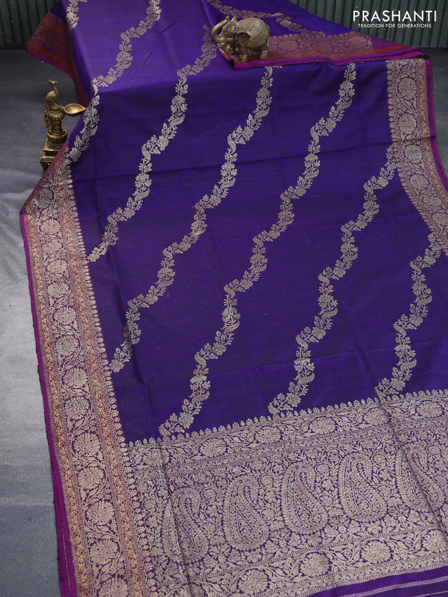 Banarasi dupion silk saree blue and magenta pink with thread & zari woven floral borcade weaves and woven border