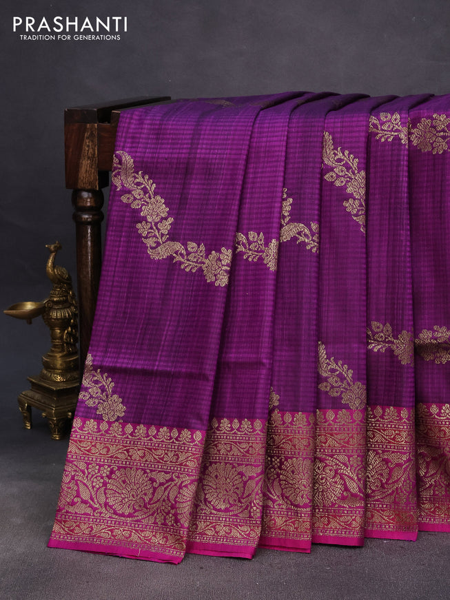 Banarasi dupion silk saree purple and magenta pink with thread & zari woven floral borcade weaves and woven border