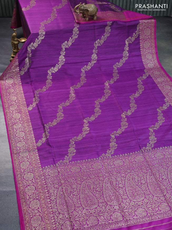 Banarasi dupion silk saree purple and magenta pink with thread & zari woven floral borcade weaves and woven border