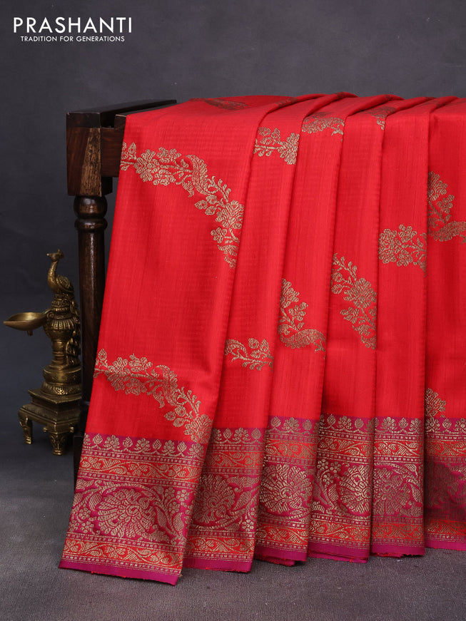 Banarasi dupion silk saree red and magenta pink with thread & zari woven floral borcade weaves and woven border