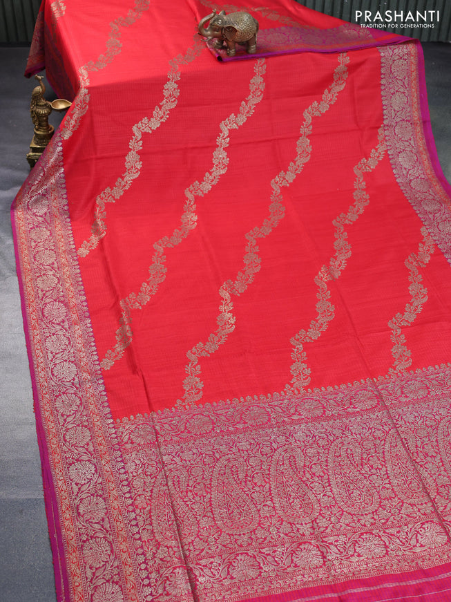 Banarasi dupion silk saree red and magenta pink with thread & zari woven floral borcade weaves and woven border