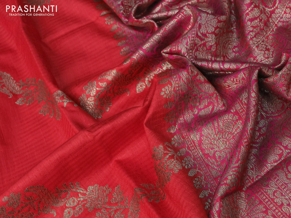 Banarasi dupion silk saree red and magenta pink with thread & zari woven floral borcade weaves and woven border