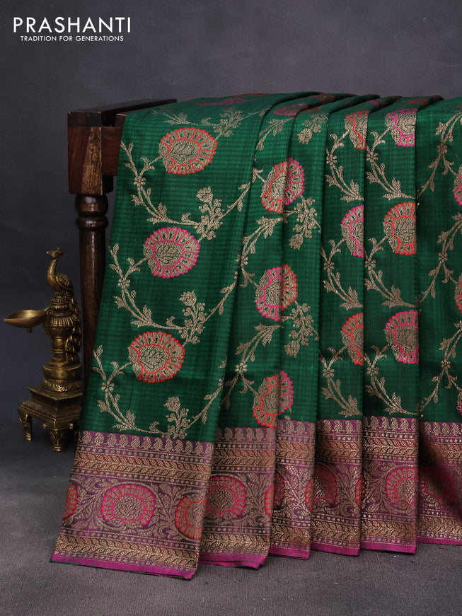 Banarasi dupion silk saree green and dual shade of greenish pink with thread & zari woven floral borcade weaves and woven border