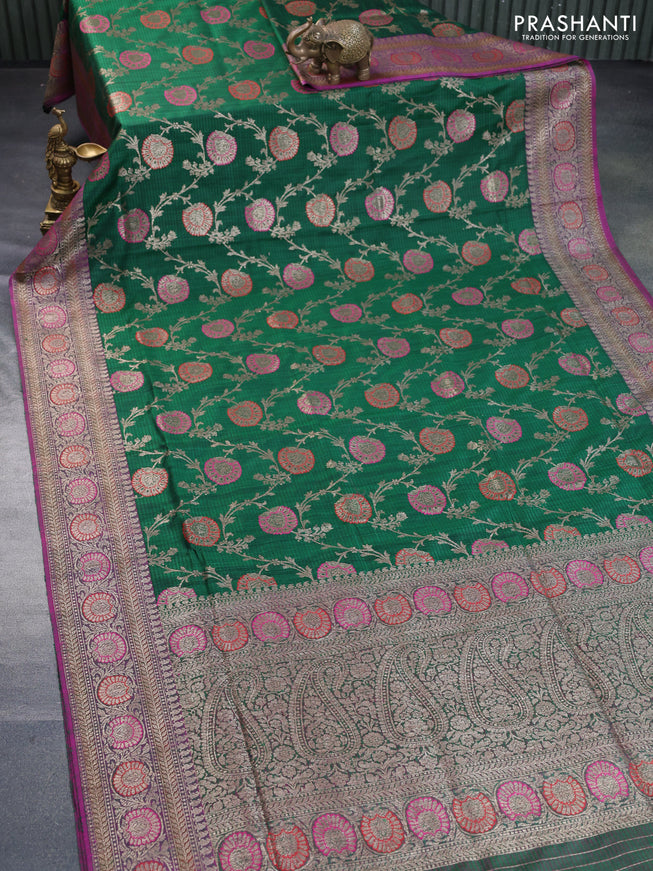 Banarasi dupion silk saree green and dual shade of greenish pink with thread & zari woven floral borcade weaves and woven border