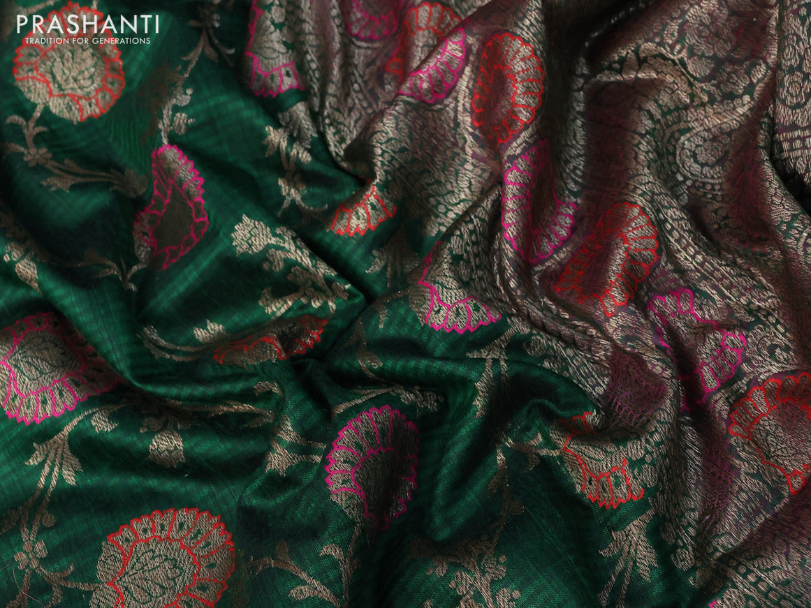 Banarasi dupion silk saree green and dual shade of greenish pink with thread & zari woven floral borcade weaves and woven border