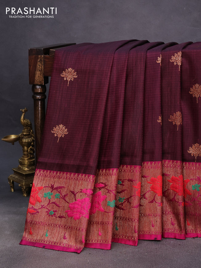 Banarasi dupion silk saree deep maroon and pink with zari woven floral buttas and floral design paithani style border