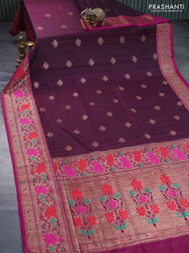 Banarasi dupion silk saree deep maroon and pink with zari woven floral buttas and floral design paithani style border