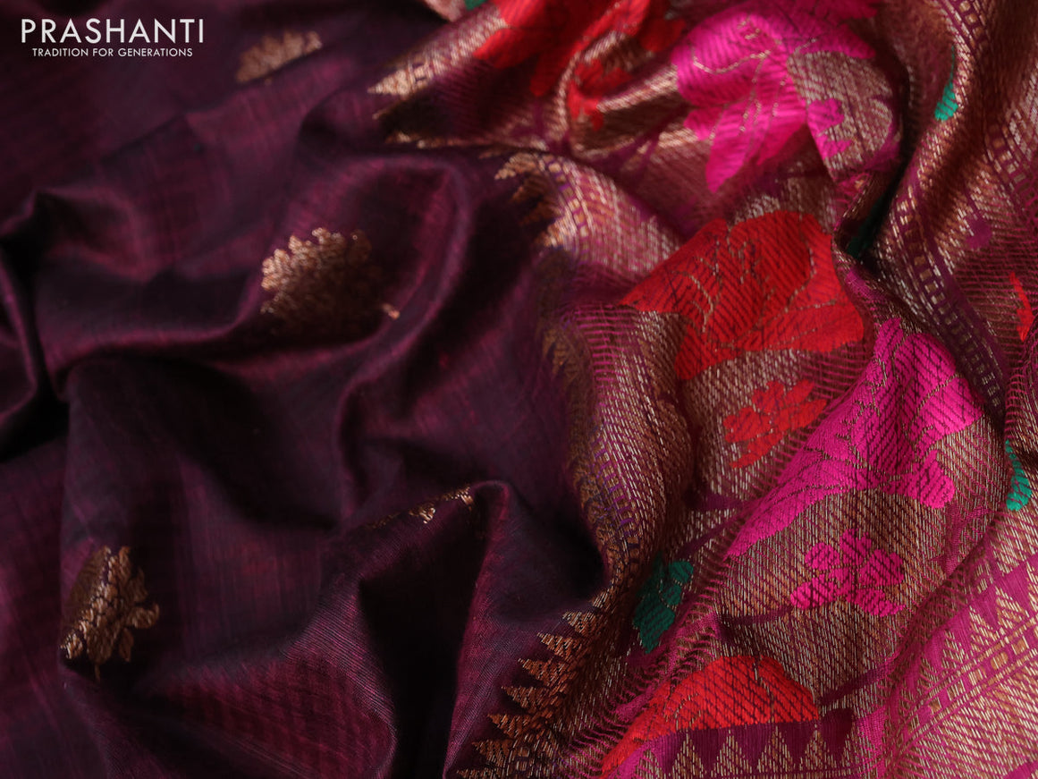 Banarasi dupion silk saree deep maroon and pink with zari woven floral buttas and floral design paithani style border