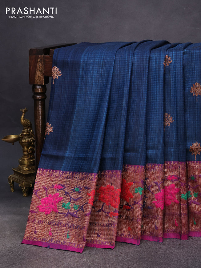 Banarasi dupion silk saree peacock blue and magenta pink with zari woven floral buttas and floral design paithani style border