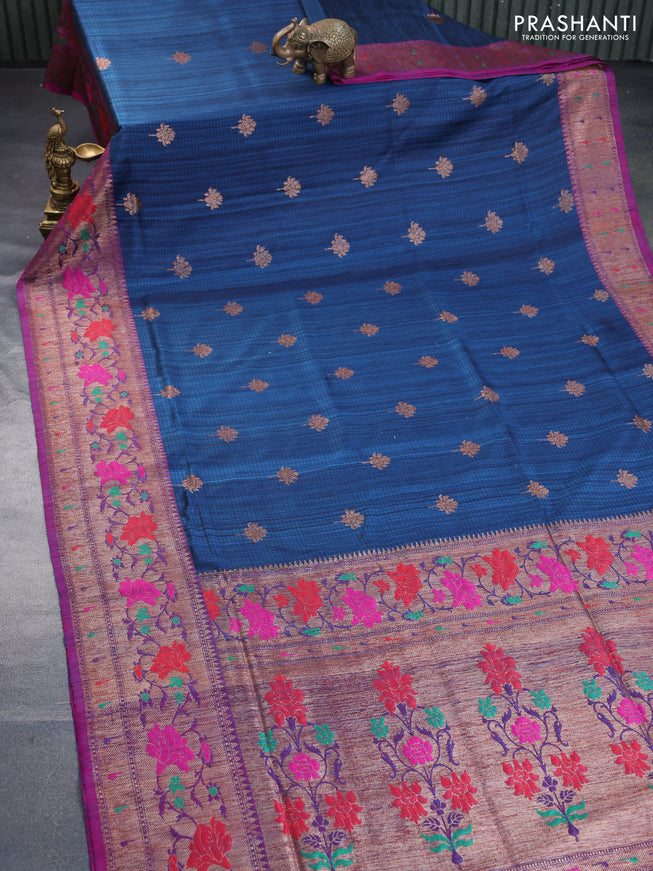 Banarasi dupion silk saree peacock blue and magenta pink with zari woven floral buttas and floral design paithani style border